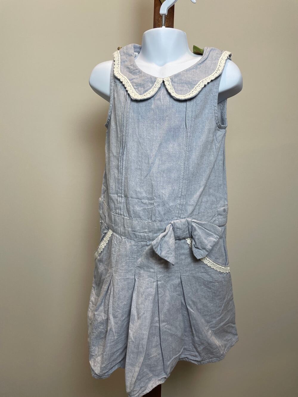 Pandemonium Girls 6 Light Blue Denim Look Dress Lace Pleated Cotton Blend